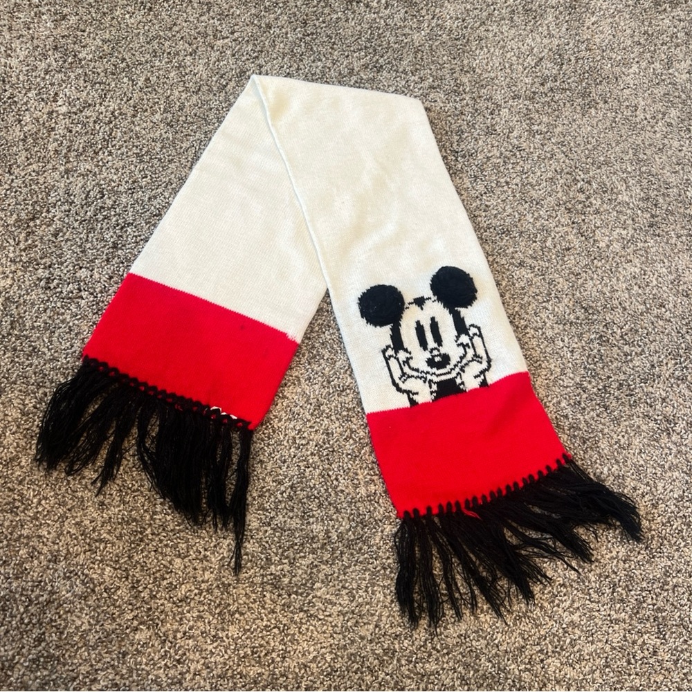 Garon Knitting Mills Pom Pom Ears Disney Mickey Mouse Scarf Fringe  Acrylic Red